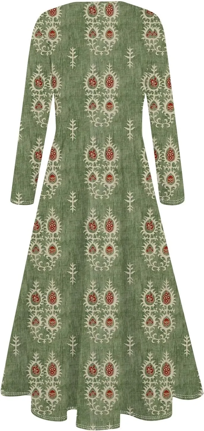 ZEFOTIM Long Sleeve Dresses for Women Casual Crewneck with Pockets Vacation Floral Dresses Spring Summer Dresses