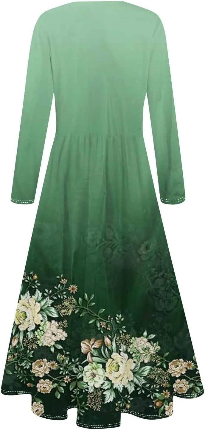 ZEFOTIM Long Sleeve Dresses for Women Casual Crewneck with Pockets Vacation Floral Dresses Spring Summer Dresses