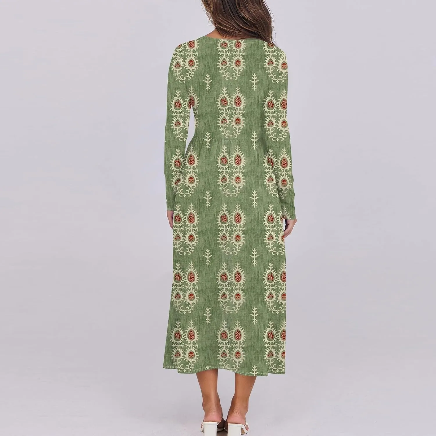 ZEFOTIM Long Sleeve Dresses for Women Casual Crewneck with Pockets Vacation Floral Dresses Spring Summer Dresses