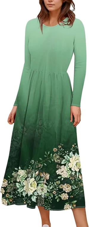 ZEFOTIM Long Sleeve Dresses for Women Casual Crewneck with Pockets Vacation Floral Dresses Spring Summer Dresses