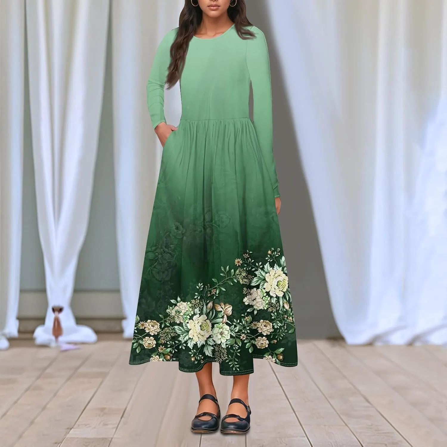ZEFOTIM Long Sleeve Dresses for Women Casual Crewneck with Pockets Vacation Floral Dresses Spring Summer Dresses