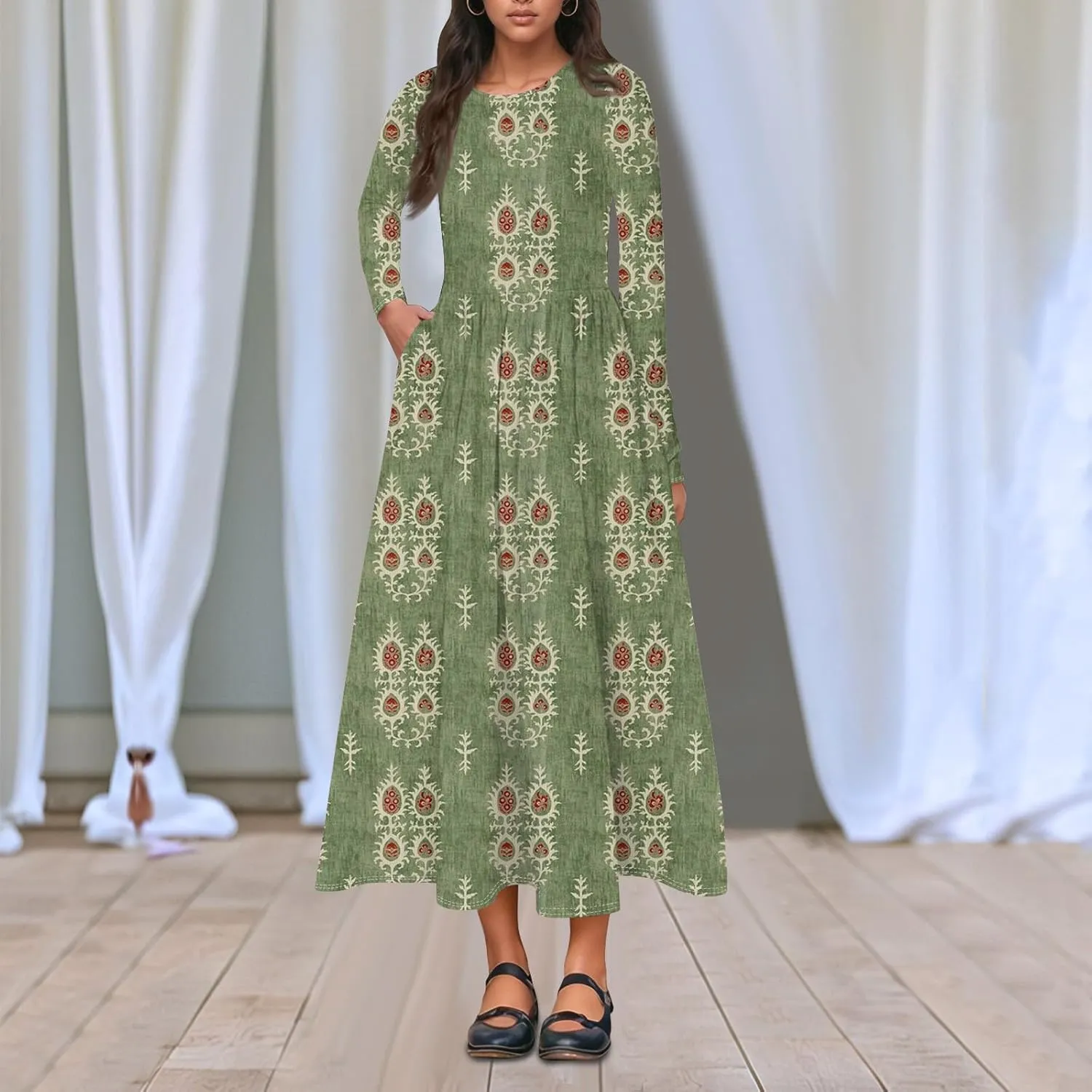 ZEFOTIM Long Sleeve Dresses for Women Casual Crewneck with Pockets Vacation Floral Dresses Spring Summer Dresses