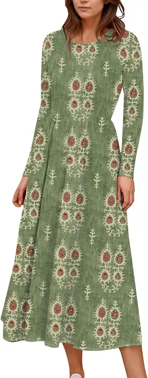 ZEFOTIM Long Sleeve Dresses for Women Casual Crewneck with Pockets Vacation Floral Dresses Spring Summer Dresses