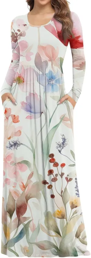 ZEFOTIM Long Sleeve Dresses for Women Womens Floral Dress Summer Dresses Long Dresses Crewneck Dress Spring Dress