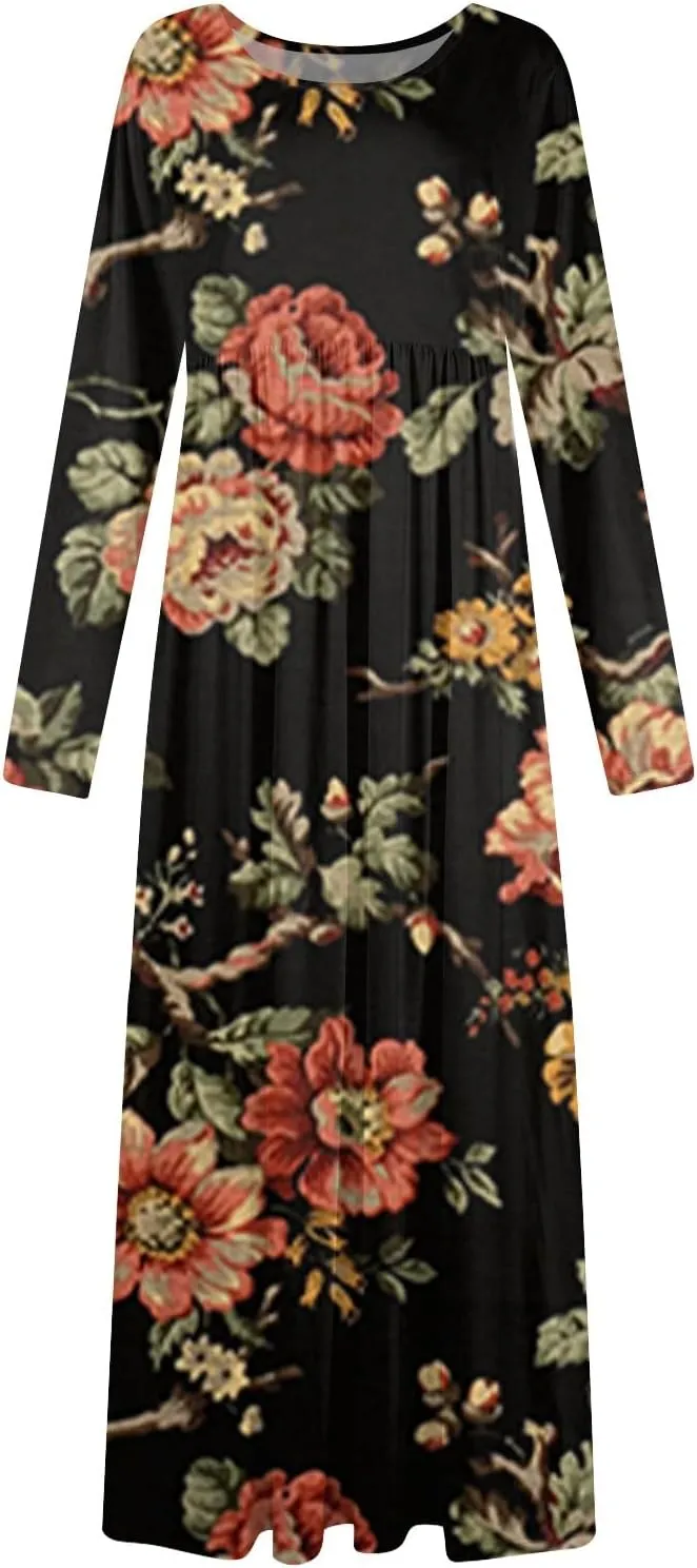 ZEFOTIM Long Sleeve Dresses for Women Womens Floral Dress Summer Dresses Long Dresses Crewneck Dress Spring Dress