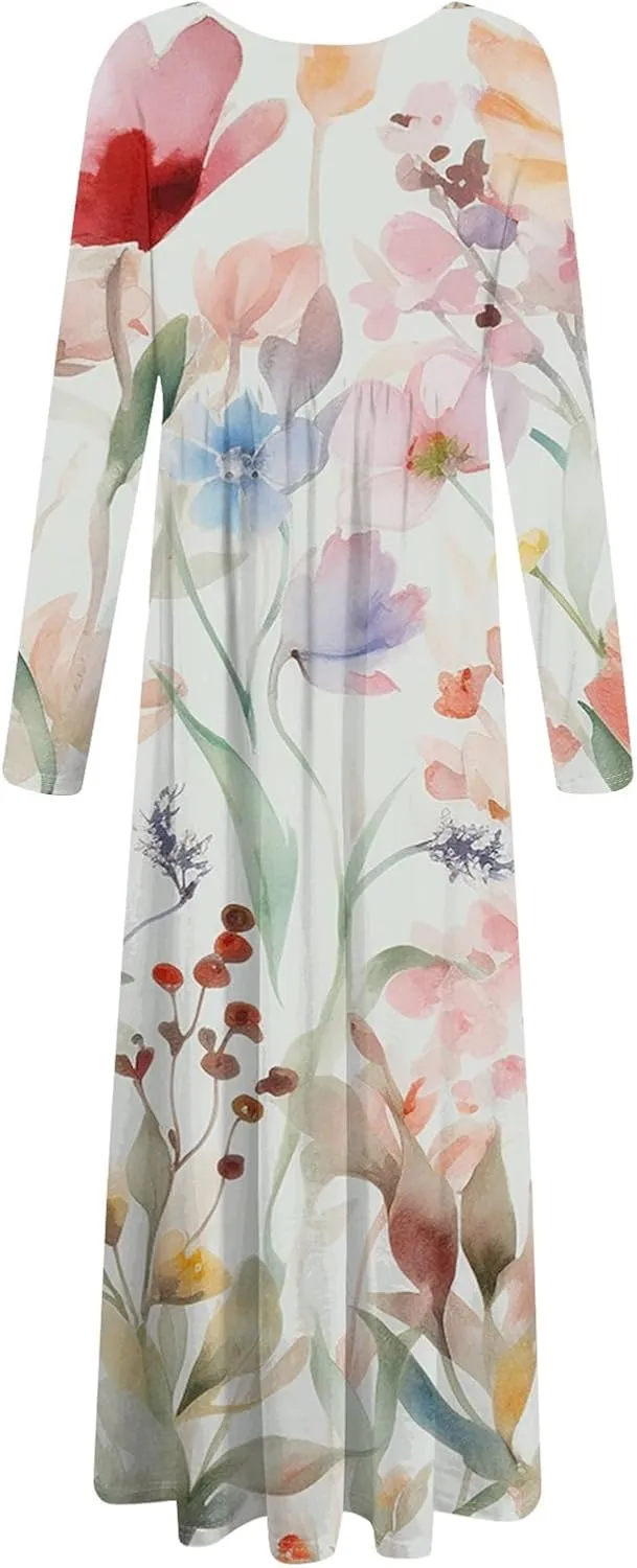 ZEFOTIM Long Sleeve Dresses for Women Womens Floral Dress Summer Dresses Long Dresses Crewneck Dress Spring Dress