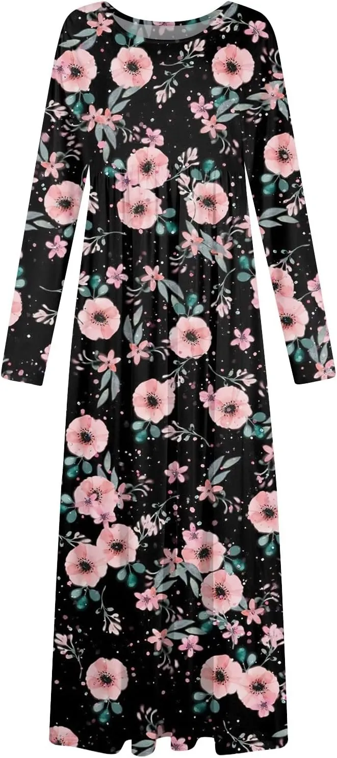 ZEFOTIM Long Sleeve Dresses for Women Womens Floral Dress Summer Dresses Long Dresses Crewneck Dress Spring Dress