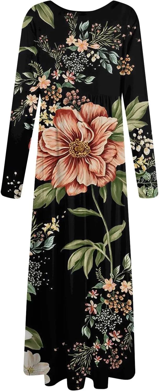 ZEFOTIM Long Sleeve Dresses for Women Womens Floral Dress Summer Dresses Long Dresses Crewneck Dress Spring Dress