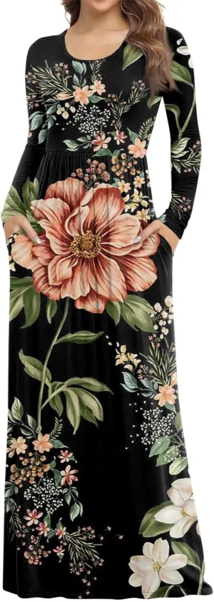 ZEFOTIM Long Sleeve Dresses for Women Womens Floral Dress Summer Dresses Long Dresses Crewneck Dress Spring Dress