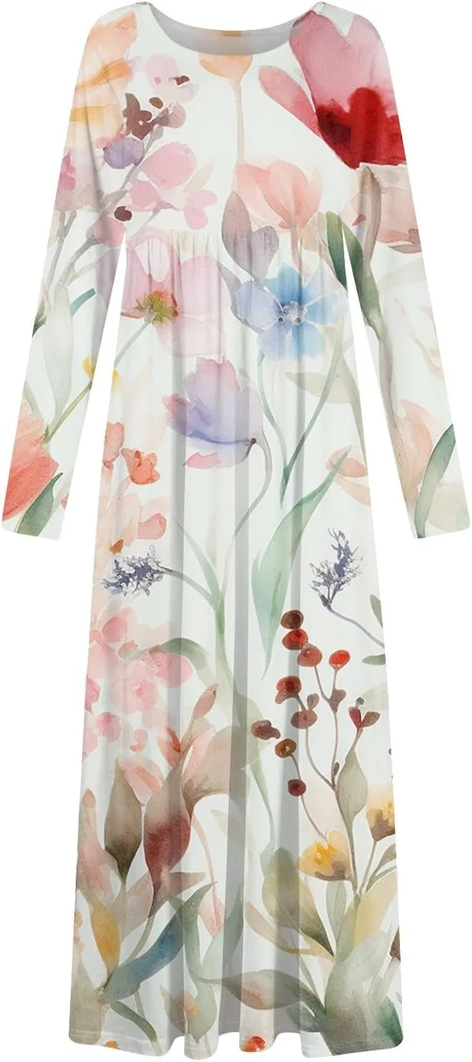 ZEFOTIM Long Sleeve Dresses for Women Womens Floral Dress Summer Dresses Long Dresses Crewneck Dress Spring Dress