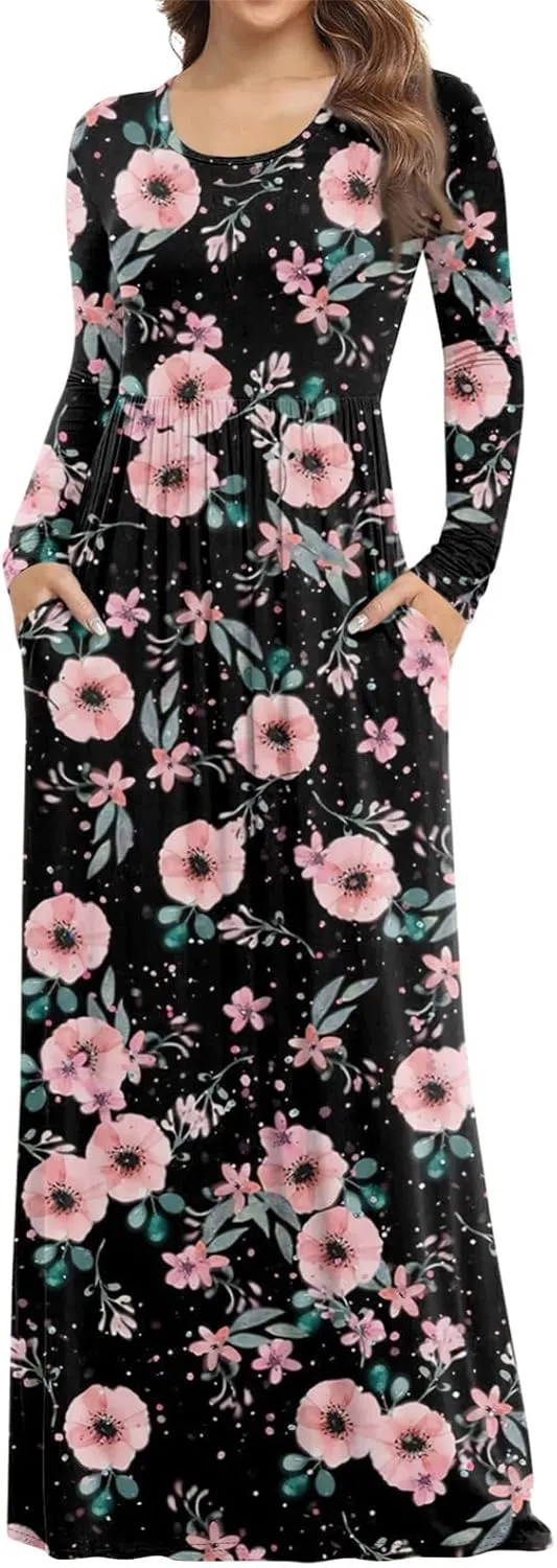 ZEFOTIM Long Sleeve Dresses for Women Womens Floral Dress Summer Dresses Long Dresses Crewneck Dress Spring Dress