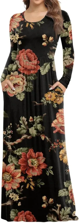 ZEFOTIM Long Sleeve Dresses for Women Womens Floral Dress Summer Dresses Long Dresses Crewneck Dress Spring Dress