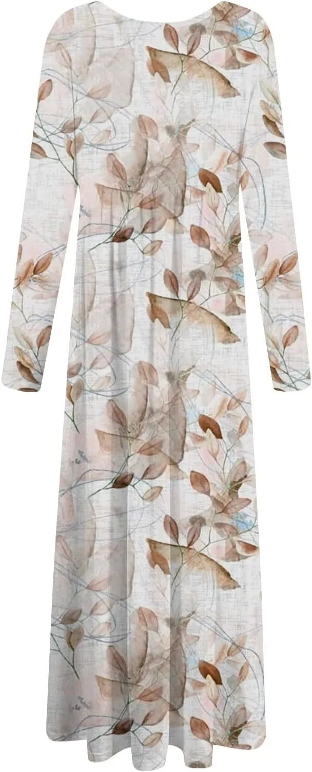 ZEFOTIM Long Sleeve Dresses for Women Womens Floral Dress Summer Dresses Long Dresses Crewneck Dress Spring Dress