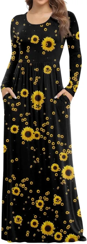 ZEFOTIM Long Sleeve Dresses for Women Womens Floral Dress Summer Dresses Long Dresses Crewneck Dress Spring Dress
