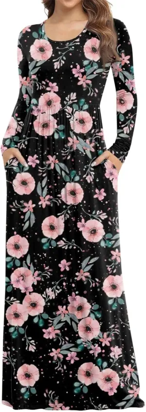 ZEFOTIM Long Sleeve Dresses for Women Womens Floral Dress Summer Dresses Long Dresses Crewneck Dress Spring Dress