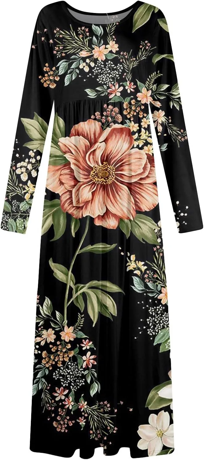 ZEFOTIM Long Sleeve Dresses for Women Womens Floral Dress Summer Dresses Long Dresses Crewneck Dress Spring Dress
