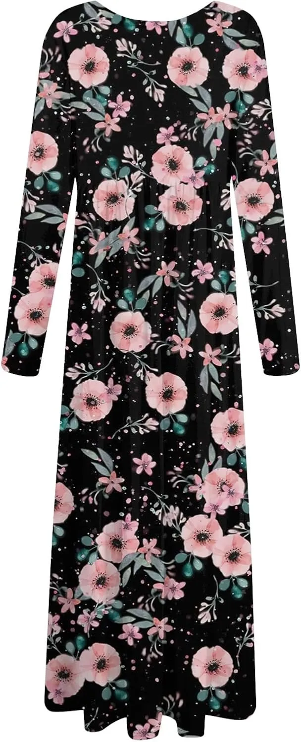 ZEFOTIM Long Sleeve Dresses for Women Womens Floral Dress Summer Dresses Long Dresses Crewneck Dress Spring Dress