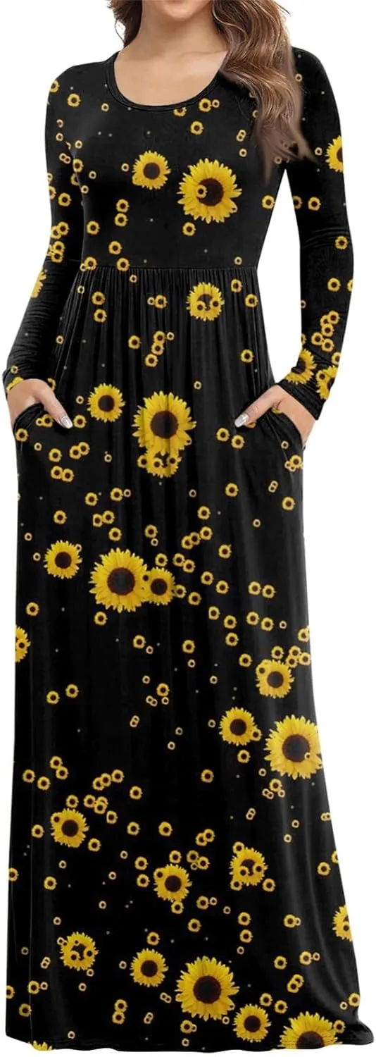 ZEFOTIM Long Sleeve Dresses for Women Womens Floral Dress Summer Dresses Long Dresses Crewneck Dress Spring Dress