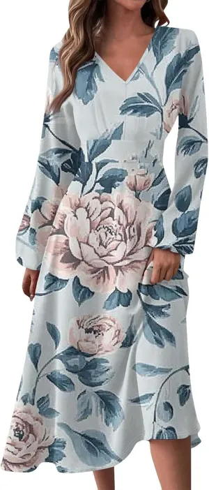 ZEFOTIM Womens Long Sleeve Dresses Gradient Graphic Floral Dress Long Dress V Neck Dress Spring Summer Dresses