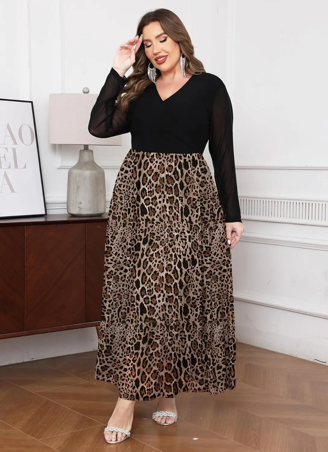 ZOMVA Spring Plus Size Floral Print Mesh Dress for Curvy Women Long Sleeve Dresses for Wedding Guest