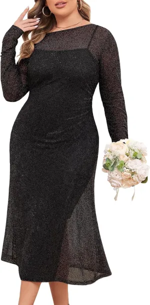 ZOMVA Spring Plus Size Floral Print Mesh Dress for Curvy Women Long Sleeve Dresses for Wedding Guest