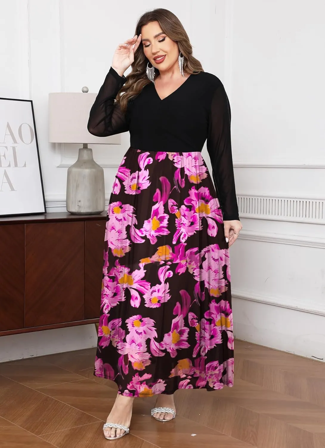 ZOMVA Spring Plus Size Floral Print Mesh Dress for Curvy Women Long Sleeve Dresses for Wedding Guest