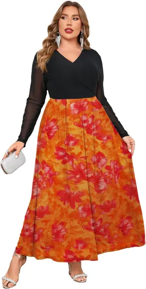 ZOMVA Spring Plus Size Floral Print Mesh Dress for Curvy Women Long Sleeve Dresses for Wedding Guest