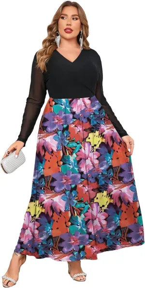 ZOMVA Spring Plus Size Floral Print Mesh Dress for Curvy Women Long Sleeve Dresses for Wedding Guest