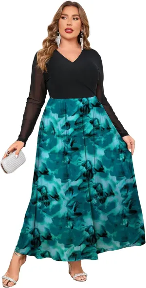 ZOMVA Spring Plus Size Floral Print Mesh Dress for Curvy Women Long Sleeve Dresses for Wedding Guest