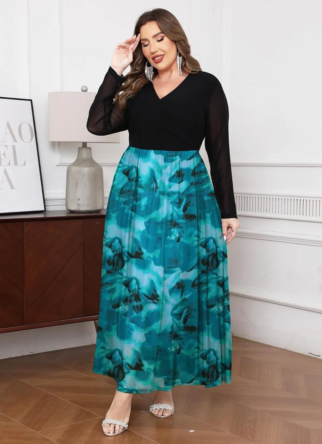 ZOMVA Spring Plus Size Floral Print Mesh Dress for Curvy Women Long Sleeve Dresses for Wedding Guest