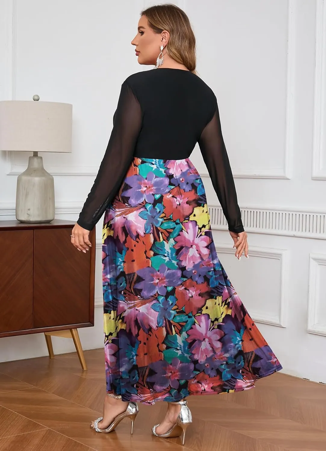 ZOMVA Spring Plus Size Floral Print Mesh Dress for Curvy Women Long Sleeve Dresses for Wedding Guest