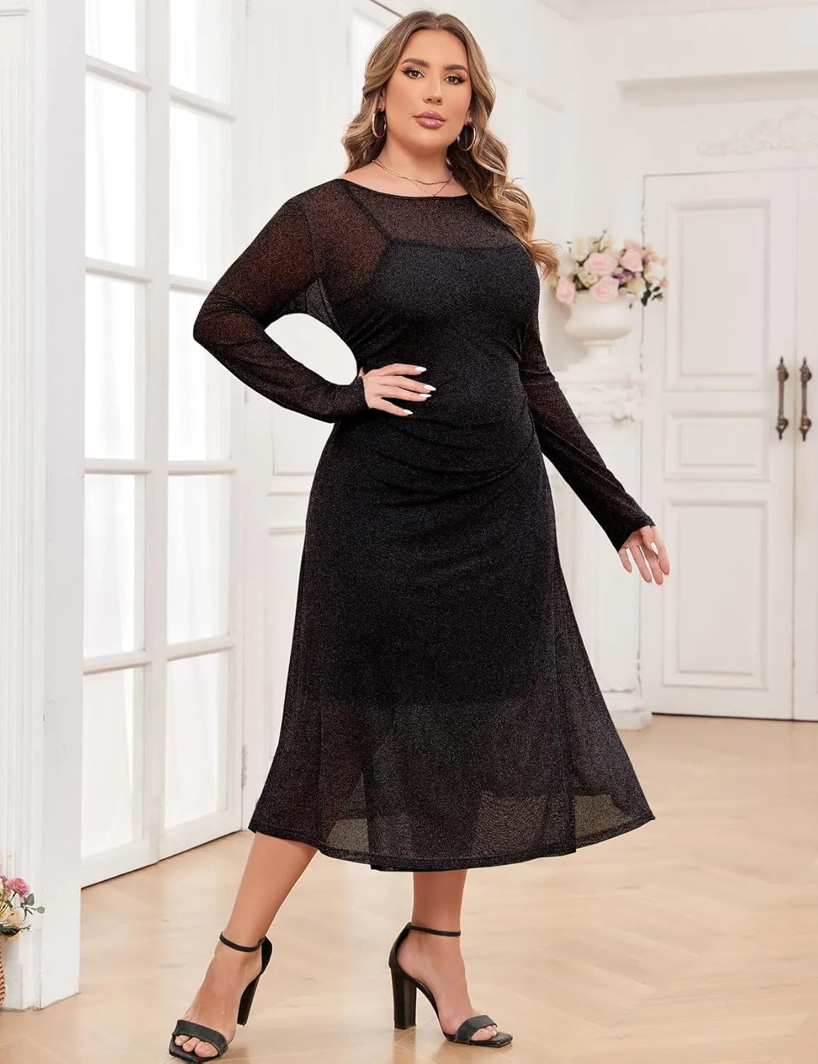 ZOMVA Spring Plus Size Floral Print Mesh Dress for Curvy Women Long Sleeve Dresses for Wedding Guest