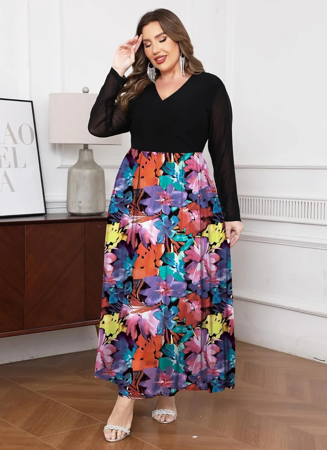 ZOMVA Spring Plus Size Floral Print Mesh Dress for Curvy Women Long Sleeve Dresses for Wedding Guest