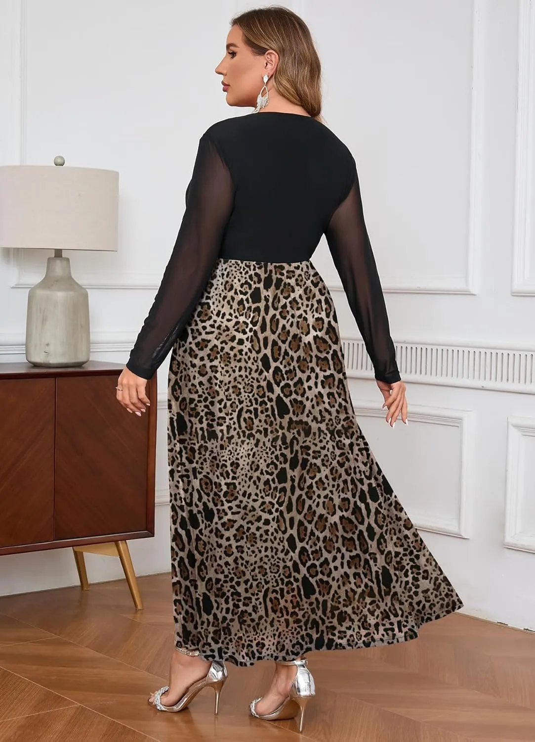 ZOMVA Spring Plus Size Floral Print Mesh Dress for Curvy Women Long Sleeve Dresses for Wedding Guest