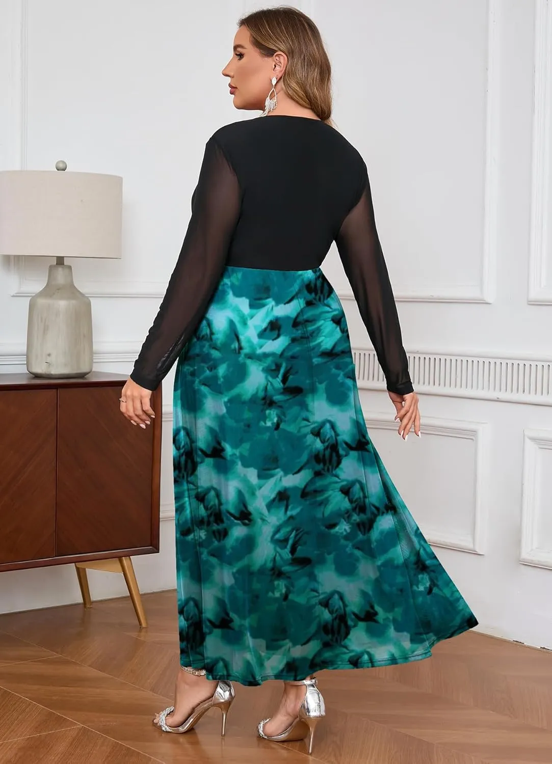 ZOMVA Spring Plus Size Floral Print Mesh Dress for Curvy Women Long Sleeve Dresses for Wedding Guest