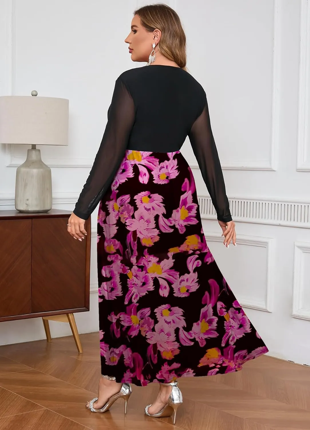 ZOMVA Spring Plus Size Floral Print Mesh Dress for Curvy Women Long Sleeve Dresses for Wedding Guest