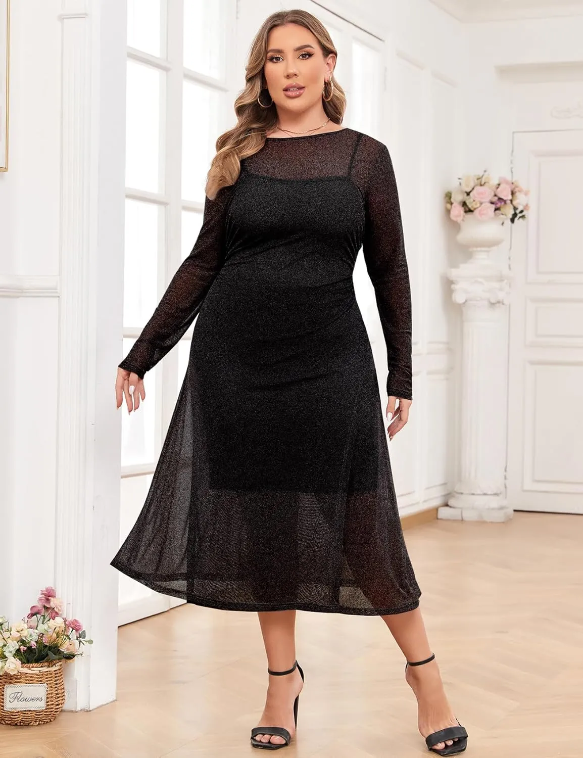 ZOMVA Spring Plus Size Floral Print Mesh Dress for Curvy Women Long Sleeve Dresses for Wedding Guest