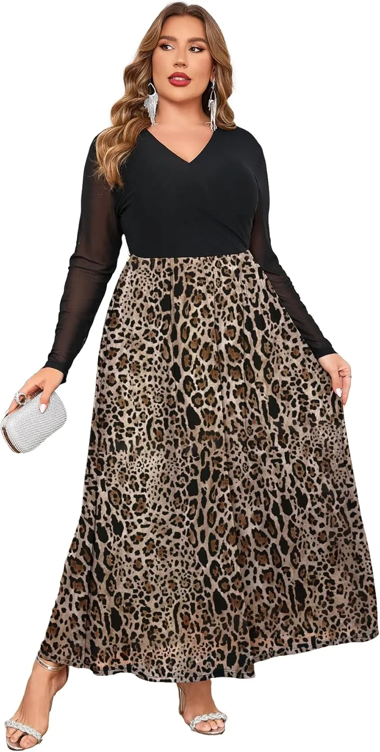 ZOMVA Spring Plus Size Floral Print Mesh Dress for Curvy Women Long Sleeve Dresses for Wedding Guest