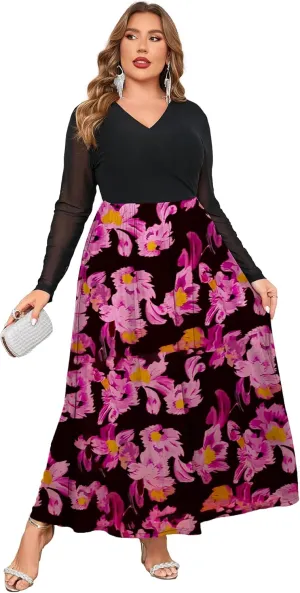ZOMVA Spring Plus Size Floral Print Mesh Dress for Curvy Women Long Sleeve Dresses for Wedding Guest